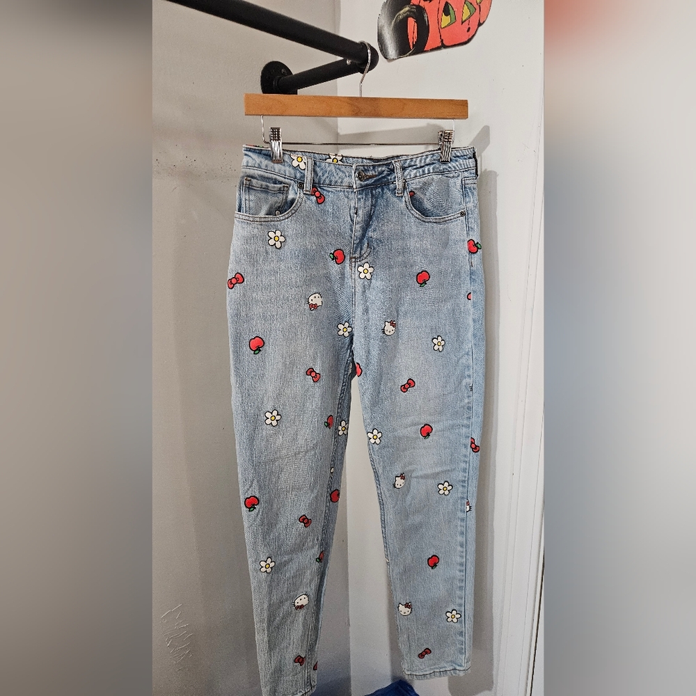 Hello Kitty Blue Jeans with Red and White Floral Accents